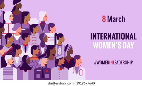 Día Internacional de la Mujer. La mujer en el liderazgo, el empoderamiento de la mujer, los conceptos de igualdad de género. Multitud de mujeres de diversas edades, razas y ocupación. Banner horizontal del vector.