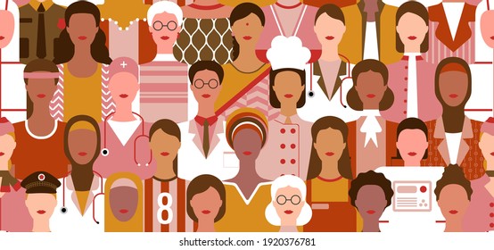 International Women's Day. Women in leadership, woman empowerment, gender equality concepts. Seamless pattern. Crowd of women of diverse age, races and occupation. Vector illustration background.