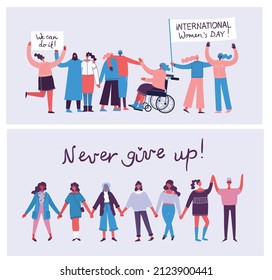 International Women's Day. Women in leadership, woman empowerment, gender equality concepts. Crowd of women of diverse age, races and occupation. Vector banner.