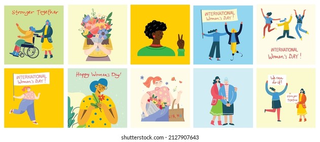 Día Internacional de la Mujer. La mujer en el liderazgo, el empoderamiento de la mujer, los conceptos de igualdad de género. Multitud de mujeres de diversas edades, razas y ocupación. Cartel del vector.