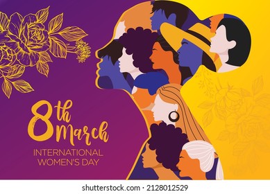 Día Internacional de la Mujer. La mujer en el liderazgo, el empoderamiento de la mujer, los conceptos de igualdad de género. Multitud de mujeres de diversas edades, razas y ocupación. Banner horizontal del vector.