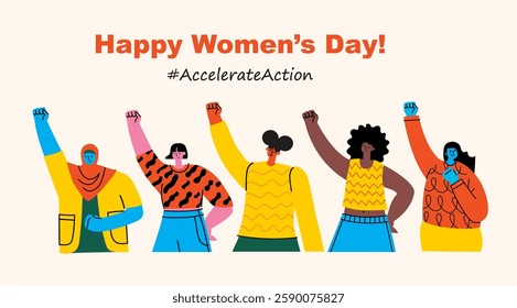 International Women's Day. Women in leadership, woman empowerment, gender equality concepts. Crowd of women of diverse age, races and occupation. Vector horizontal banner.