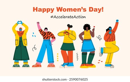 International Women's Day. Women in leadership, woman empowerment, gender equality concepts. Crowd of women of diverse age, races and occupation. Vector horizontal banner.