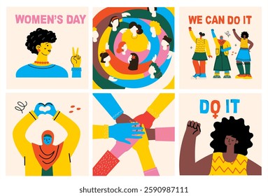 International Women's Day. Women in leadership, woman empowerment, gender equality concepts. Crowd of women of diverse age, races and occupation. Vector horizontal banner.