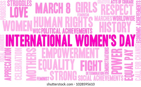 International Womens Day word cloud on a white background. 