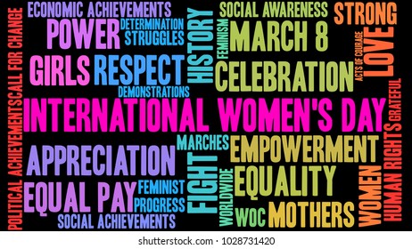 International Women's Day word cloud on a black background. 