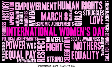 International Women's Day word cloud on a black background. 