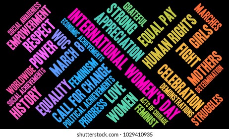 International Women's Day word cloud on a black background. 