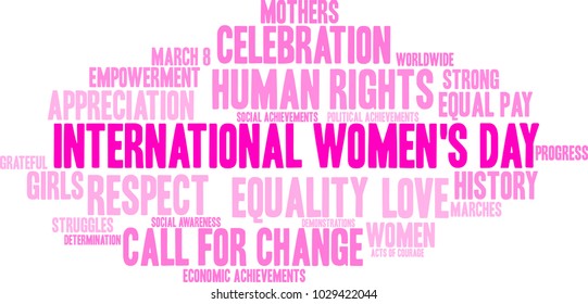 International Women's Day word cloud on a white background. 