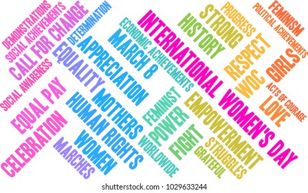 International Women's Day word cloud on a white background. 