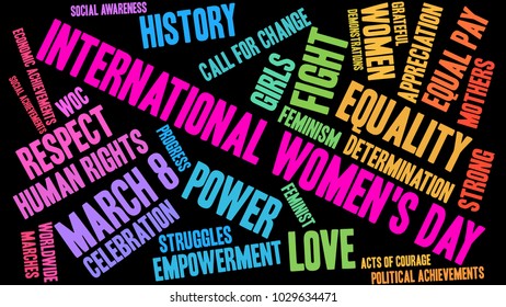 International Women's Day word cloud on a black background. 