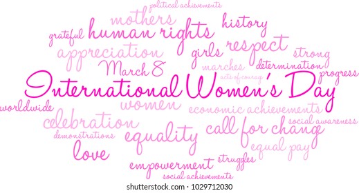 International Women's Day word cloud on a white background. 