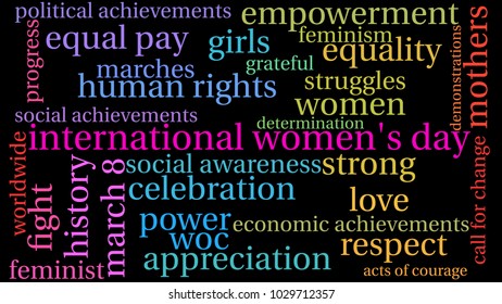 International Women's Day word cloud on a black background. 