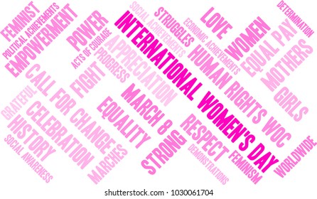 International Women's Day word cloud on a white background. 