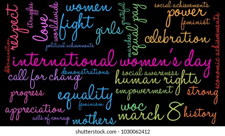 International Women's Day word cloud on a black background. 