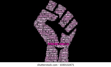 International Women's Day word cloud on a black background. 