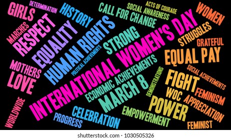 International Women's Day word cloud on a black background. 