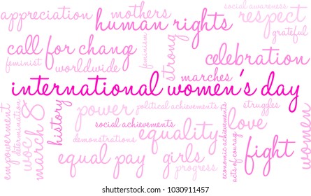 International Women's Day word cloud on a white background. 