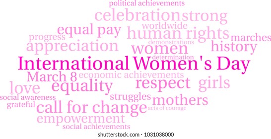 International Women's Day word cloud on a white background. 