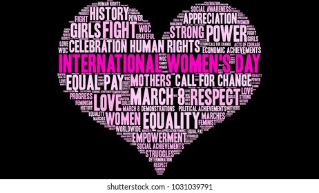 International Women's Day word cloud on a black background. 