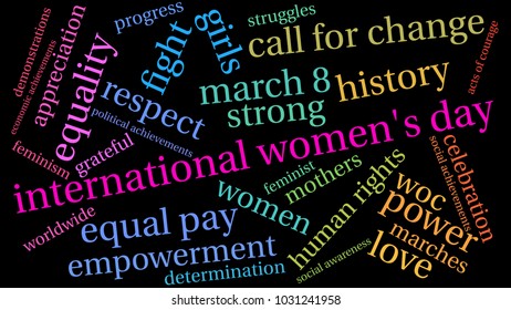 International Women's Day word cloud on a black background. 