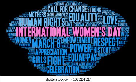 International Women's Day word cloud on a black background. 