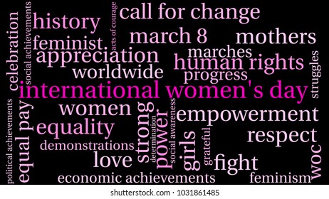 International Women's Day word cloud on a black background. 