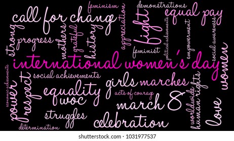 International Women's Day word cloud on a black background. 