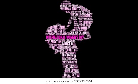 International Women's Day word cloud on a black background. 