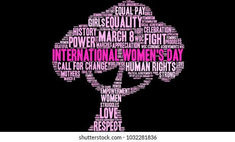 International Women's Day word cloud on a black background. 