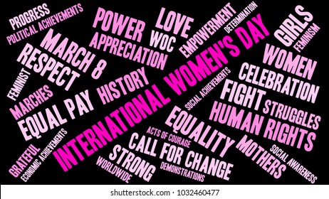 International Women's Day word cloud on a black background. 