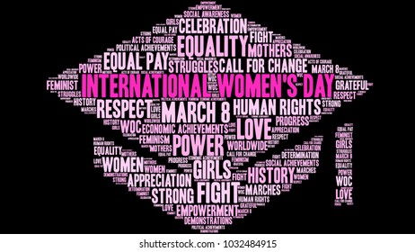 International Women's Day word cloud on a black background. 