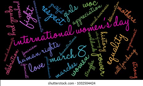 International Women's Day word cloud on a black background. 