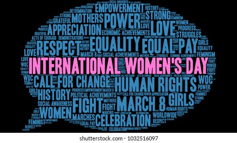 International Women's Day word cloud on a black background. 