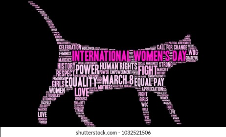 International Women's Day word cloud on a black background. 