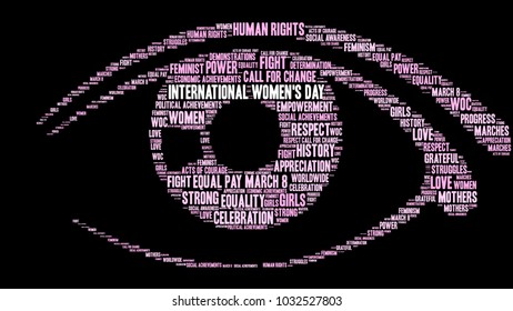 International Women's Day word cloud on a black background. 