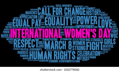 International Women's Day word cloud on a black background. 