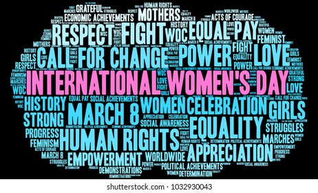 International Women's Day word cloud on a black background. 