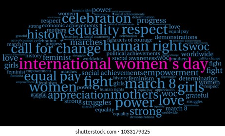 International Women's Day word cloud on a black background. 