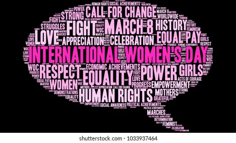 International Women's Day word cloud on a black background. 