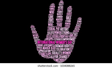 International Women's Day word cloud on a black background. 