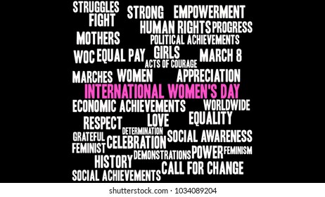 International Women's Day word cloud on a black background. 