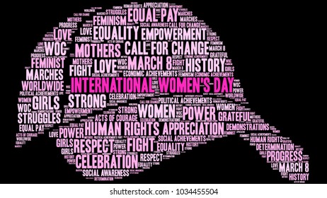 International Women's Day word cloud on a black background. 