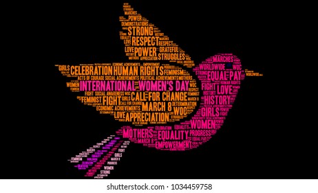 International Women's Day word cloud on a black background. 