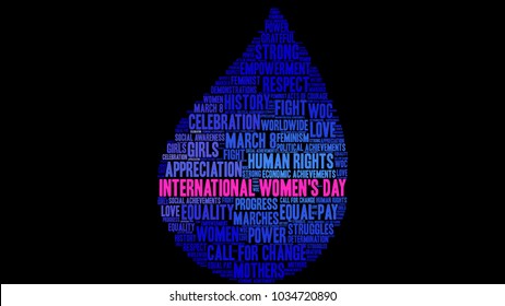 International Women's Day word cloud on a black background. 