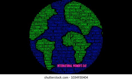 International Women's Day word cloud on a black background. 