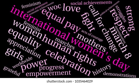 International Women's Day word cloud on a black background. 