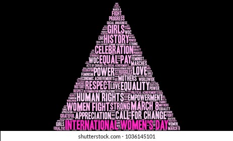 International Women's Day word cloud on a black background. 