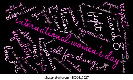 International Women's Day word cloud on a black background. 