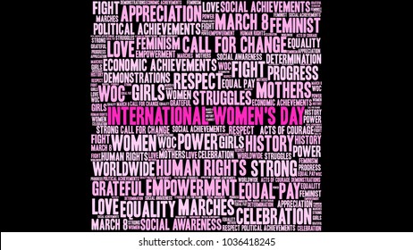 International Women's Day word cloud on a black background. 